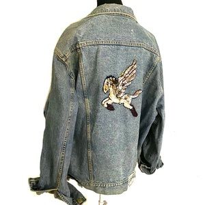 Vintage acid washed jean jacket w/ sequin unicorn
